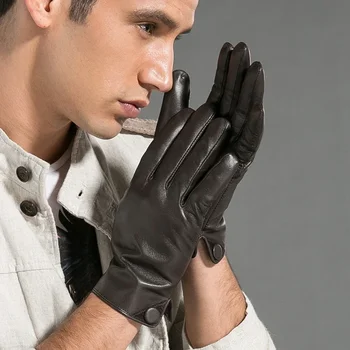 Мъжки зимни ръкавици от естествена кожа, кафяви ръкавици от естествена козя кожа кожа, модерен меки топли ръкавици с един пръст копчета за управление, Нов прием на GSM007