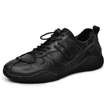 Мъжки кожени обувки, ежедневни обувки, чисто черно, Пролет-есен, Марка Дизайнерски дишаща материя