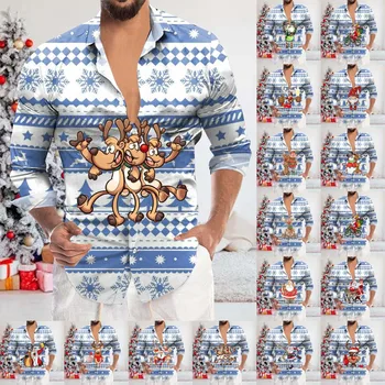 Мъжки Коледна мода ежедневни риза с ревери и бутони, топ, Ретро Корейски модерен жилетка, блуза