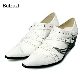 Мъжки обувки Batzuzhi на висок ток 6,5 см, кожени модела обувки японски тип, мъжки бели бизнес / вечер / сватбени обувки с кианами