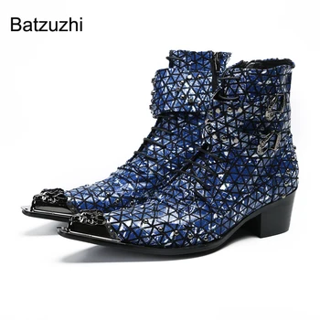 Мъжки обувки Batzuzhi на ток 6,5 см, Сини Ботильоны От естествена кожа С железни пръсти, Мъжки Обувки са с цип и пряжках в стил пънк-рок за Мъже, Вечерни, сватбени