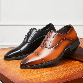 Мъжки обувки, които нарастване на 6 см, бизнес модела обувки в черно и кафяво цветя, мъжки официални обувки от естествена кожа, дантела