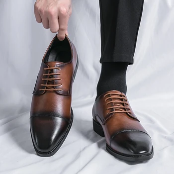 Мъжки обувки от естествена кожа, Класически мъжки модел обувки с остри чорапи Универсален мъжки професионален бизнес обувки, Мъжки ежедневни обувки