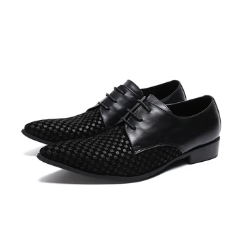 мъжки обувки от черна кожа, сватбени обувки, обувки за фризьори, британска ежедневни обувки с остър пръсти дантела, дишащи обувки от телешка кожа