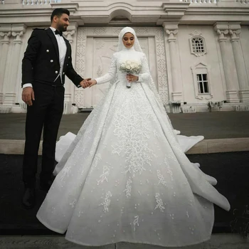 Мюсюлмански булчински рокли трапецовидна форма с мъниста, Висока врата, Дълъг ръкав, дантела, 3D Флорални апликации, Сватбени рокли, булката рокля с пайети