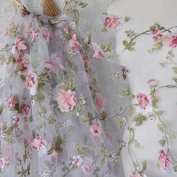 На метър Розова дантела материал на цветенце за сватбена рокля Плат органза