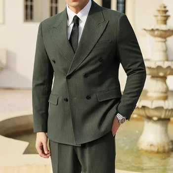 Нов висок Клас (костюм + панталон Мъжки Моден Бизнес Яка С Ревери От два цвята Структурна Тъкан, Двубортный Джентълменско Сватбен Костюм