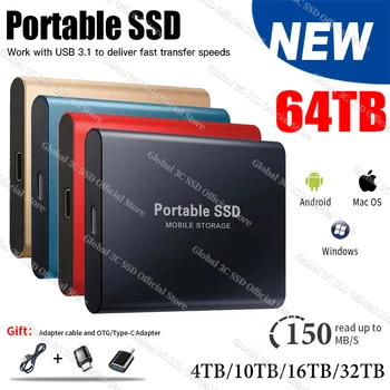 Нов Високоскоростен Преносим SSD-диск с капацитет 64 TB, Външен Твърд Диск капацитет 2 TB, 4 TB интерфейс USB 3.1 TYPE-C, диск за PC/Mac/Телефони