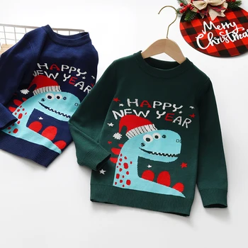Нова година вязаный пуловер за деца, Коледни Есенно-зимния пуловер, връхни дрехи с динозаври от карикатури за момчета и момичета, еластична, облекло, фестивален пуловер