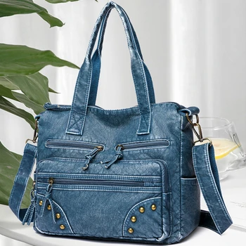 Новата модерна женствена чанта от винтажного деним, меки чанти от изкуствена кожа, чанта-тоут голям капацитет, с много джобове, чанти-месинджър sac