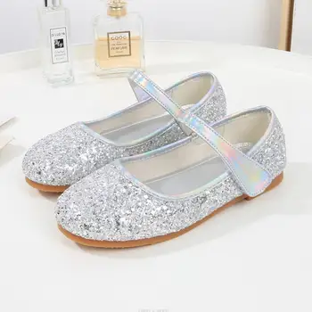 Нови дамски обувки на висок ток, сребърни обувки за момичета, детски обувки на тънък ток Cuhk, сребърни обувки с мека подметка, размер 25-37