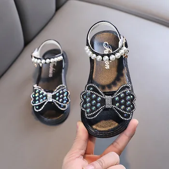 Нови детски модни сандали за момичета, бродирани с мъниста, Летни сандали принцеса с кристали и папийонка, детска плажна меки обувки на равна подметка за деца