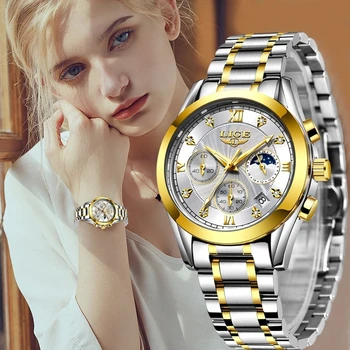 Нови Елегантни дамски часовници LIGE, творчески Стоманена женски гривна, дамски часовници, фаза на Луната, водоустойчиви дамски часовници Relogio Feminino