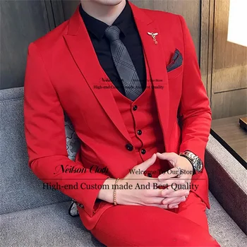 Нови Официални Червени Мъжки Блейзери за абитуриентски бал, Сватба Смокинги Младоженеца с ревера, Комплекти от 3 теми, Мъжки Костюми Slim Fit на една пуговице, мъжки костюми