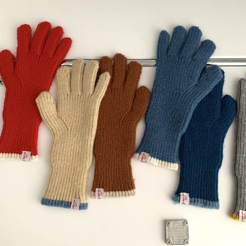 Обикновена възли вълнени ръкавици Дамски Зимни Студентски ръкавици за езда с отделни пръсти, чифт дебели топли ръкавици, Дамски ръкавици
