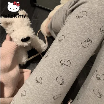 Облекло Sanrio Hello Kitty, Тесни панталони с анимационни принтом, Модни разкроена панталони в Корейски стил за жени, градинска облекло Y2k, ежедневни панталони