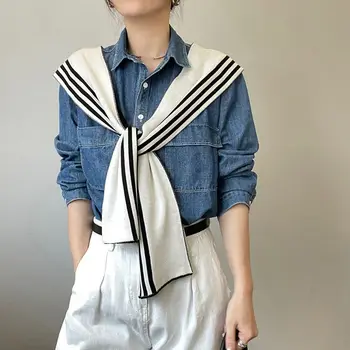 Однотонная Вязаная шал, блуза, раменете, изкуствен яка, Слънцезащитен Шал в черно-бяла ивица, Тайна в Корейски стил, Вълнени шалове