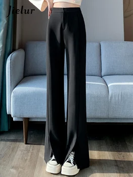Основни Черни тесни дамски панталони-клеш с намаляване на Jielur, чист цвят, пълна дължина, Висока талия, обзаведен с цип, прости ежедневни модни дамски панталони