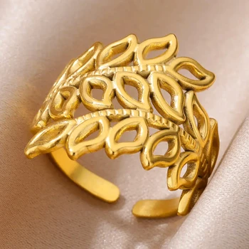 Открити пръстени с кухи листа от неръждаема стомана за жени, Позлатените Годежен пръстен за двойки, Женски Лесен Луксозен Естетически Бижута подарък