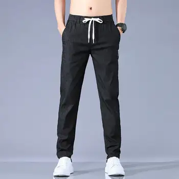 Панталони от полиестерни влакна, прави панталони за мъже, мъжки панталони с еластичен ластик на талията, плътно прилепнали панталони с джобове за ежедневието