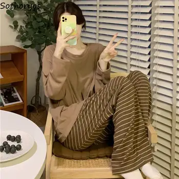 Пижамные комплекти за Дамска мода с дълъг ръкав В корейски стил Проста шарени ежедневни домашно облекло Свободни Уютни пижама Софт Пижамная есен
