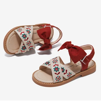 Плажни римски сандали в бохемски стил, обувки с цветна бродерия за малки момичета, Детски летни празници сандали, бутик елегантни лилави обувки на плоска подметка с лък
