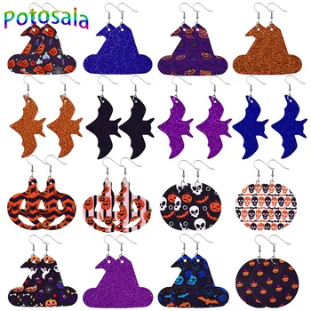 Потосала Хелоуин Двустранни обици-висулки Прости дамски Кожени обеци в формата на капки Подаръци Шапка вещица под формата на тиква Прилеп Бижута