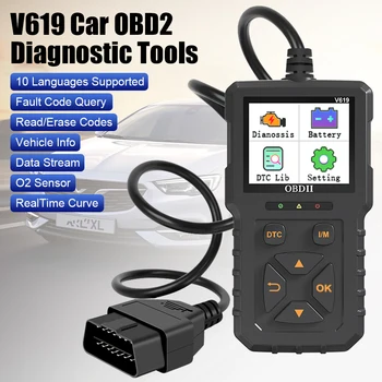Проверка на системата на двигателя, скенер OBD2, четец на код, Тестер за батерии, многоезичен инструмент за диагностика на автомобила V619, помислете информация за превозното средство
