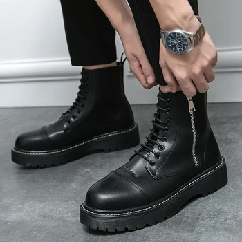 Пролет 2022, Нови високи черни мъжки ежедневни дишащи обувки в британския корейски стил, Модни универсални работни обувки, Модерни обувки