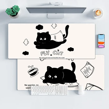Противоскользящий подложка за мишка Black Cat, голям настолен подложка за мишка, прекрасен прошитый край от естествен каучук, Голяма подложка за мишка XL, подложка за клавиатура, тенис на мат