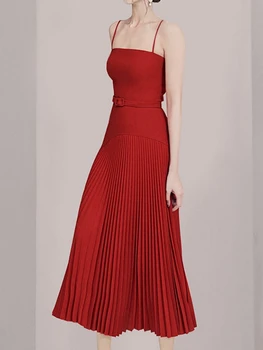Реколта къси червени рокли-спагети за бала POMUSE, плиссированное вечерна рокля трапецовидна форма с дължина до щиколоток, сватбена рокля-халат за баня.