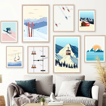 Реколта минималистичные плакати с каране на ски, сноуборд, заснежени планини, щампи върху платно, стенни рисунки за домашен интериор дневна