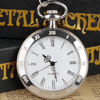Реколта мъжки Дамски джобен часовник с римски цифри и бял циферблат, колие, часовници с окачване, време с брелком-веригата
