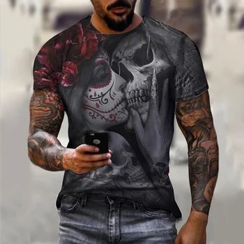 Реколта тениска с Черепа, за Мъже, Тениски със страховити 3D Графичен Принтом, Лятна Тениска С Къс Ръкав, Модни Мъжки Ежедневни Облекла Оверсайз