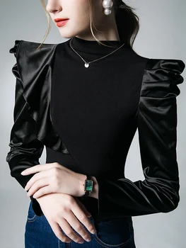 Риза с висока яка и дълги ръкави; Дамски пролетно-есенни нови френски върховете Y2k черен цвят