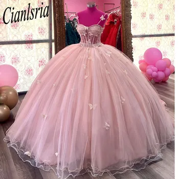 Розови Буйни рокли, Бални рокли за момичета Sweet 16 Топчета апликация Выпускное рокля дантела Vestidos De 15 Años
