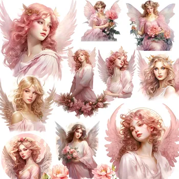 Розови етикети с образа на момичета-Ангели, етикети за бродерия и scrapbooking, детски играчки, декоративни стикер за книги, канцеларски материали 