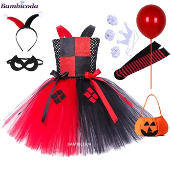 Рокля-пакетче Cruella за момичета с превръзка на главата, Детски костюм Цирков Клоун на Хелоуин За деца, Подпори за фотосесия, Празнична принцеса рокля от тюл