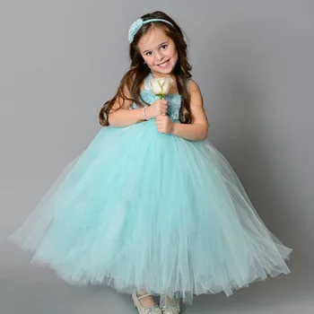 Рокля-пакетче с цветя модел за момичета, Детски вязаное на една кука тюлевое рокля, Дълга бална рокля с лък за коса, Детски костюм за парти в чест на рождения ден, рокля на принцеса