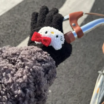 Ръкавици с шарките на Здравей Кити, Пухкав Коралов руно, Зимни Топли сладки ръкавици за езда с пет пръста, високо ниво на външния вид