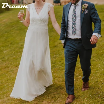 Сватбени рокли DREAM от шифон с Vобразным деколте и къси ръкави в стил бохо С рюшами А силует, отворен гръб и влак, сватбени рокли по поръчка