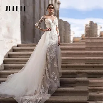 Сватбени рокли с кружевными апликации JEHETH За жени, елегантна богемное сватбена рокля с кръгло деколте и дълъг ръкав 