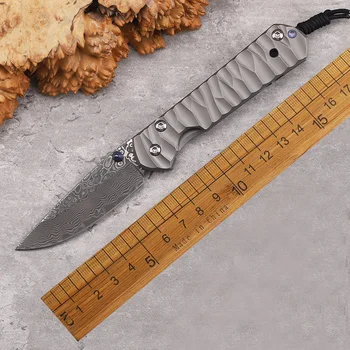 Сгъваем нож от Дамасской стомана и титанова сплав, Походный Альпинистский Преносим Инструмент за оцеляване