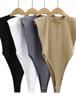 Секси дамски блузи 2024 Летни пълнозърнести дебнещ боди с подплата на раменете, черно боди без ръкави за жени, бели