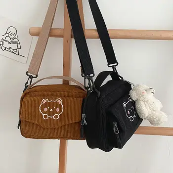 Сладки вельветовые чанта през рамо с принтом мультяшного мечка, студентски чанта-тоут, дамски модерна чанта за пътуване
