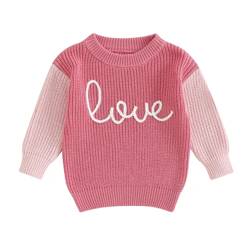 Случайни вязаный пуловер с буквенной бродерия за малки момичета, топъл пуловер с дълъг ръкав, детски плетива за деца