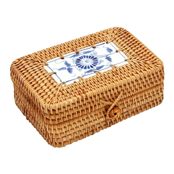 Сплетен от ратан Кутия за съхранение с капак Кутии за бижута, ръчно Органайзер за грим Wooden За Подробности Чай Калъф Контейнери Подарък