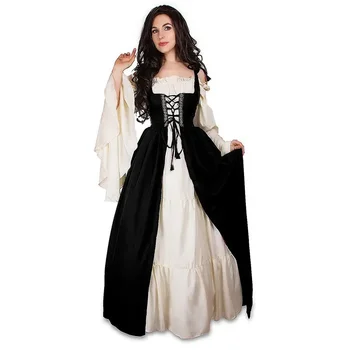 Средновековна рокля на Хелоуин Женски Ренессансное готическа Дълго Макси Ретро-майк Victoria Lace up Dress Plus Size