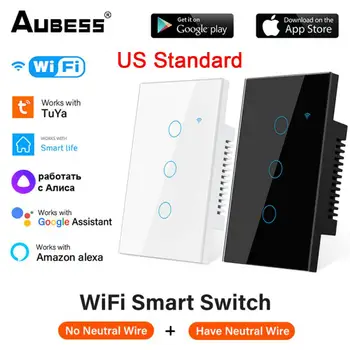 Стандартна Wi-Fi Sasha Smart Touch Switch 1/2/3/4 Gang Home Стенни бутон на дистанционното управление Умен Дом Работи с Алекса Google Home