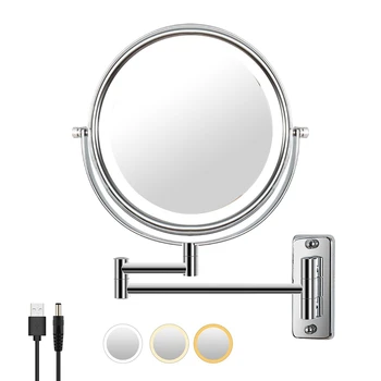 Стенно огледало за тоалетка маса, 8-инчов Управляемият с удлинителем, Лампа за тоалетна масичка и огледало за баня с 3-цветни теми